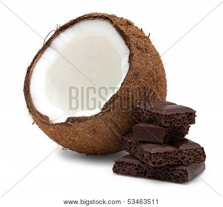Coconut And Pieces Of Chocolate Isolated On White