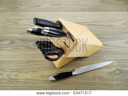 Kitchen Knives On Aged White Oak Ash