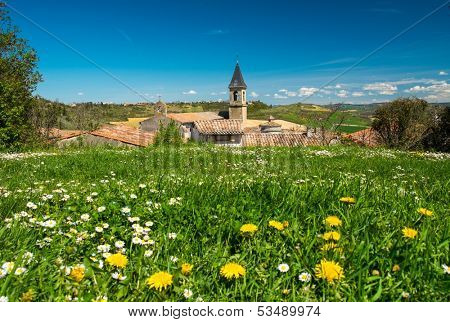 Flower field in front of Lautrec village, France 