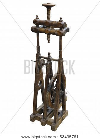 Old Manual Wooden Spinning-wheel Distaff Isolated On White