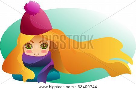 Portrait of Beutiful girl with streaming hair in winter hat and scarf with blushed cheeks