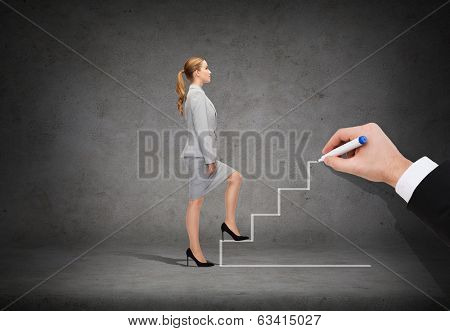 business and education concept - businesswoman stepping up staricase