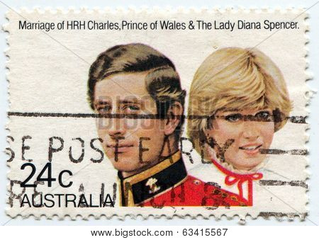 AUSTRALIA, CIRCA 1981:  Postal stamp commemorating the royal wedding of Prince Charles and Lady Diana Spencer, circa 1981
