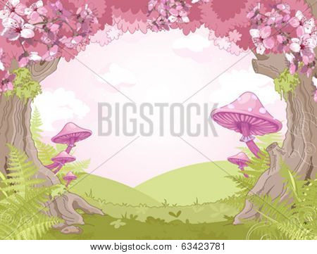 Fantasy landscape with mushrooms and trees