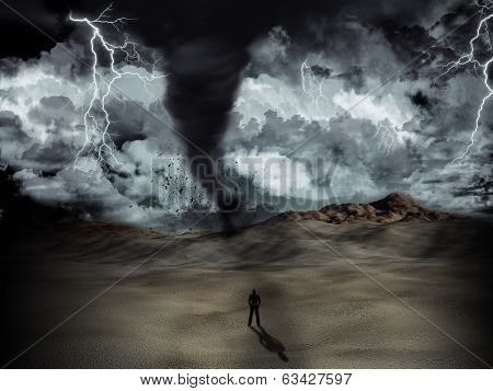Silhouette of a man stood in the desert in the middle of a storm with tornado and lightning