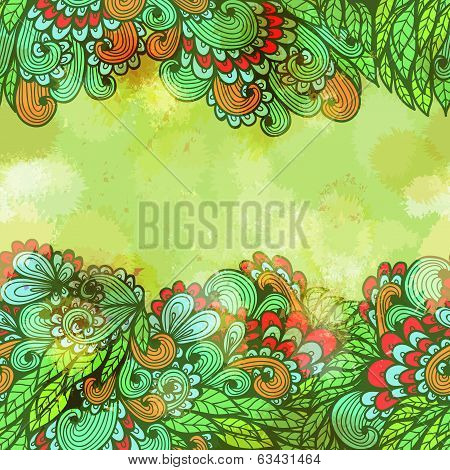 Hand Drawn Seamless Vintage Green Invitation Card Design With Brignt Flowers. Eps10
