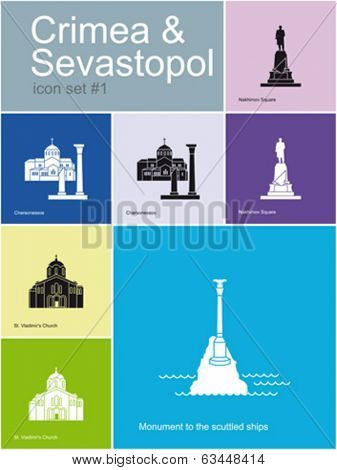 Landmarks of Crimea & Sevastopol. Set of flat color icons in Metro style. Editable vector illustration.