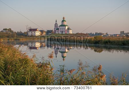 Church of Ilya prophet on Ivan grief in Suzdal. Evening landscape. Golden Ring of Russia.