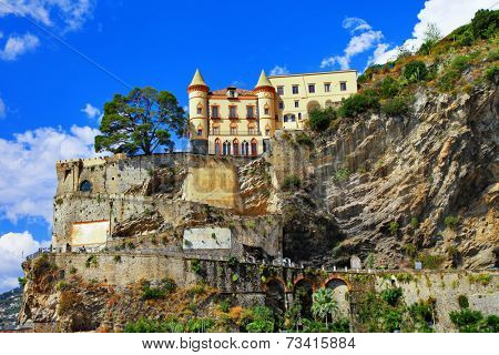 scenery of Amalfi coast - view with a castle. Minori, Italy