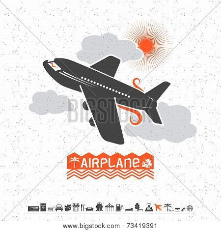 Airplane In The Clouds And Travel Icons