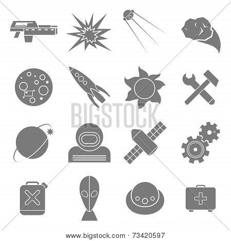 Icons Space In Flat Style Gray On White