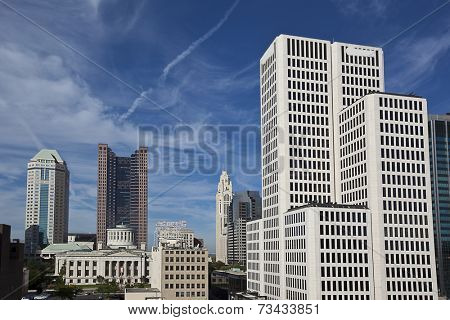 Columbus Ohio skyline viewed from the west.  The Statehouse is in the center.