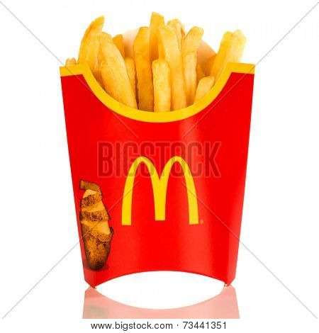 MOSCOW, RUSSIA-JULY 7, 2013: McDonald's French fries. Corporation is the world's largest chain of hamburger fast food restaurants, serving around 68 million customers daily in 119 countries