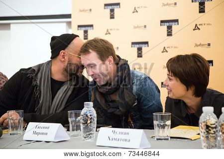 MOSCOW - OCTOBER, 1: K.Serebrennikov, E.Mironov, C.Khamatova. Press Conference of International Festival-School 'Territoria' at MMMA. October 1, 2014 in Moscow, Russia