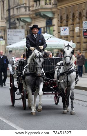 ZAGREB, CROATIA - OCTOBER 04: The parade of 70 participants, thirty horses and forty members of a brass band to the main square were announced next, 300th Sinjska Alka, on October 04, 2014 in Zagreb.