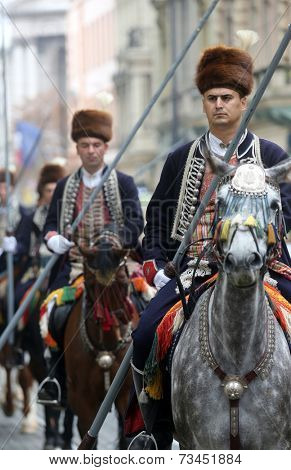 ZAGREB, CROATIA - OCTOBER 04: The parade of 70 participants, thirty horses and forty members of a brass band to the main square were announced next, 300th Sinjska Alka, on October 04, 2014 in Zagreb.