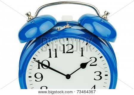 a blue alarm clock on a white background. mikt white dial