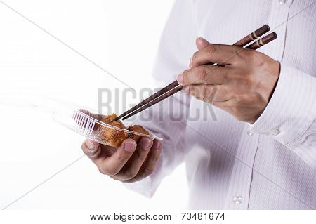 Man With Chopsticks Eat Egg Springroll