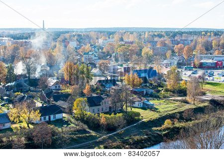 Small Town Panoramic View From Above In The Autumn