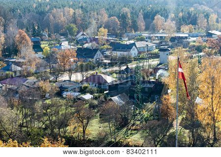 Aerial View Of Rural City In Latvia. Valmiera