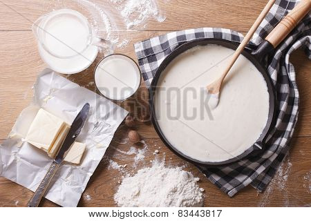 Bechamel Sauce In A Pan And Ingredients Horizontal Top View