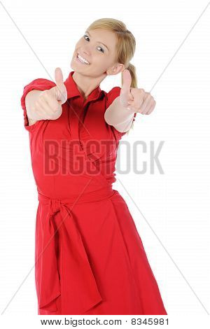Ragazza In rosso con pollice alto
