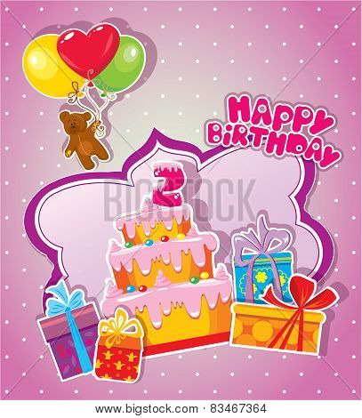 Baby Birthday Card With Teddy Bear, Big Cake And Gift Boxes. Two Years Anniversary