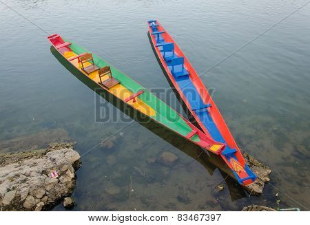 Long Tail Boats On Song River, Vang Vieng,laos
