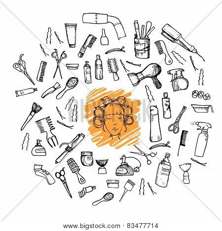 Hand-drawn Vector Illustration. Mega Set - Hairdressing Tools (scissors, Combs, Styling). Isolated O