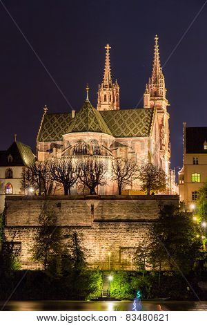 Basel Minster Over Rhine By Night - Switzerland