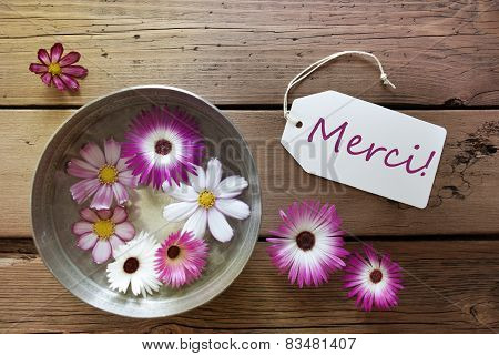 Silver Bowl With Cosmea Blossoms With Text Merci