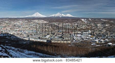 Panorama: City Petropavlovsk-kamchatsky And Volcanoes. Kamchatka (russia)