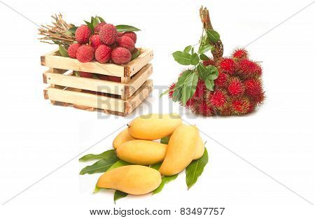 Set Of Asian Fruit ,mango , Rambutans And Lychees