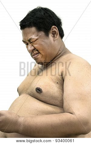 Fat Naked Upper Body And Belly Stomach Of An Asian African Man Showing Pain Expression On His Face I