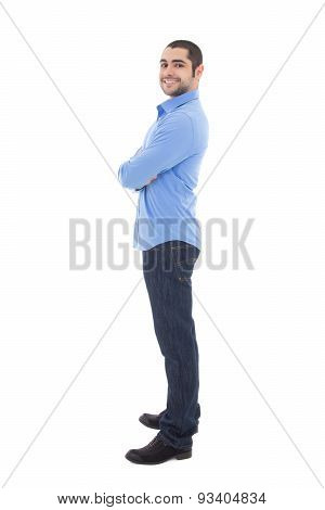 Full Length Portrait Of Smiling Business Man In Blue Shirt Isolated On White