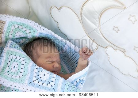 New Born Baby Son On The Hadmade Blue Blanket With Bears. Moon, Clouds, Stars