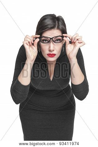 Plus Size Woman In Glasses Looking On You Isolated