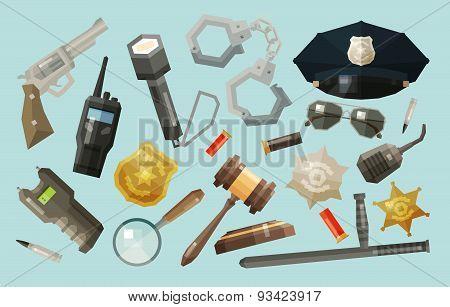 police, security icons set. collection of elements - baton, flashlight, gun, pistol, shocker, magnif