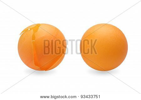 Table Tennis Ball And Crushed Ping Pong Ball On White Isolated Background With Clipping Path.