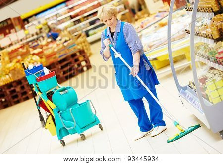 Floor care and cleaning services with mop in supermarket shop store