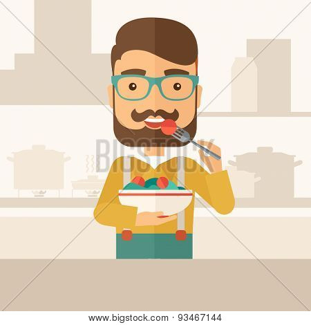 A hungry man eating meal with his fork and by carrying the bowl. Craving concept. A Contemporary style with pastel palette, soft beige tinted background. Vector flat design illustration. Square layout