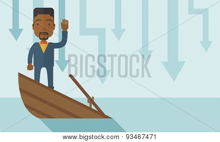 A failure black businessman standing on a sinking boat with those arrows on his back pointing down symbolize that his business is loosing. He needs help. Bankruptcy concept. A contemporary style with