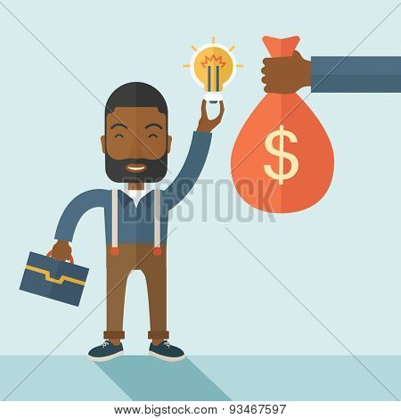 An african-american young man exchange his hand with idea bulb to hand of money bag. Exchanging concept. A contemporary style with pastel palette soft blue tinted background. Vector flat design