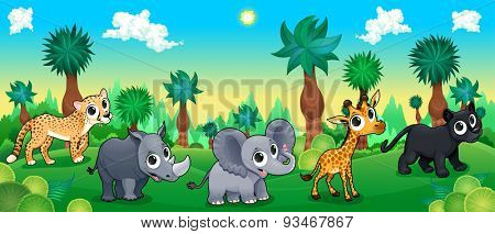 Green forest with wild animals. Vector cartoon illustration.