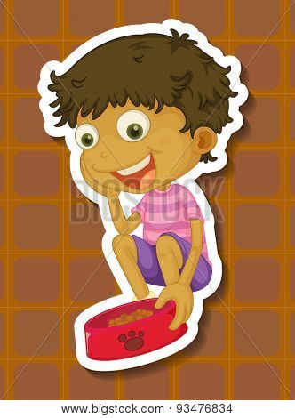 Boy putting down tray of food for pet