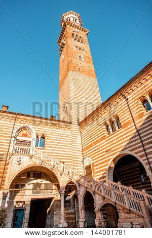 Ragione palace with Lamberti tower in the center of Verona old town in Italy