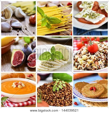 a collage of nine pictures of different eatings and meals, such as garlics and tomatoes, uncooked spaghetti, figs, mozzarella cheese, wild rice, gazpacho, lentil salad or vegie burgers