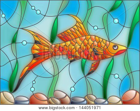 Illustration in stained glass style with swordtail fish on the background of water and algae