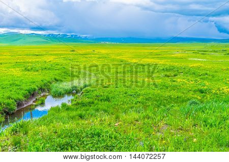 The streams flows down from the Geghama Mountain Range to the wet meadows covered with wildflowers Gegharkunik Province Armenia.