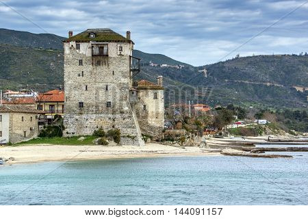 Panoramic view of Ouranopoli and Medieval tower, Athos, Chalkidiki, Central Macedonia, Greece